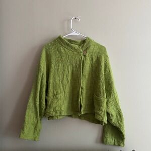 VTG Meng Design Bright Green 100% Cotton Woven‎ Textured Button Up Jacket Boho